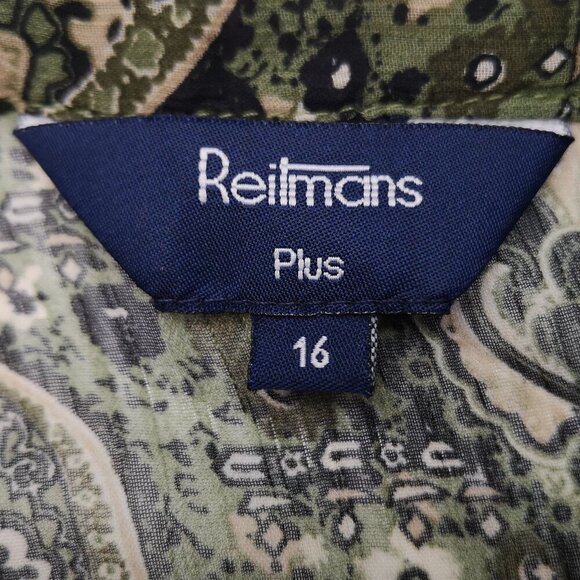 Reitmans Plus Ladies Size 16 Green Tan & Black Pattern Sheer Button Front Blouse - Picture 3 of 9